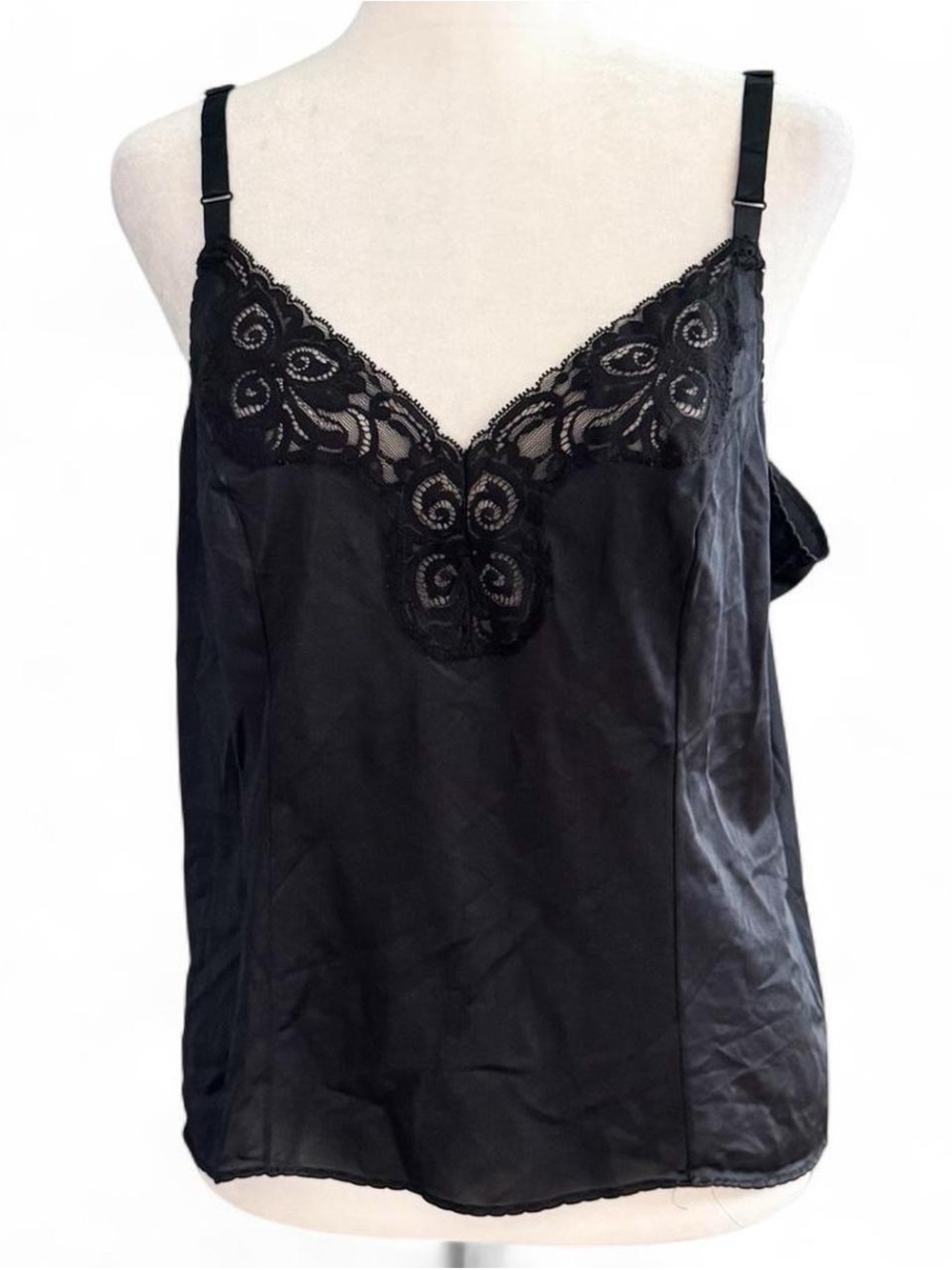 Vintage Bali Black Lace Trim Satin Camisole Slip Top Size 38 USA